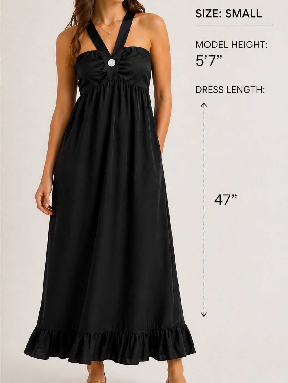 Madison Marcus Black Silk Satin Maxi Dress with Button Accent